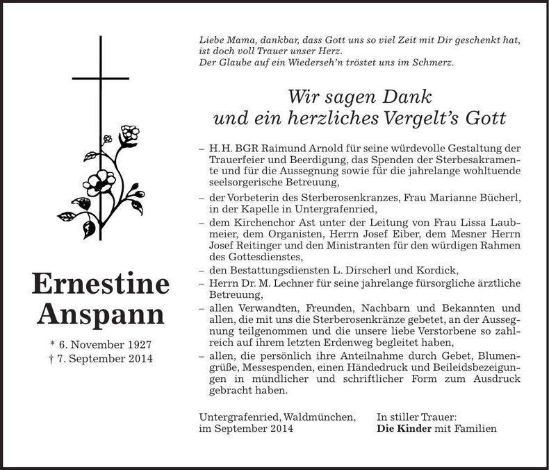 Traueranzeige Ernestine Anspann