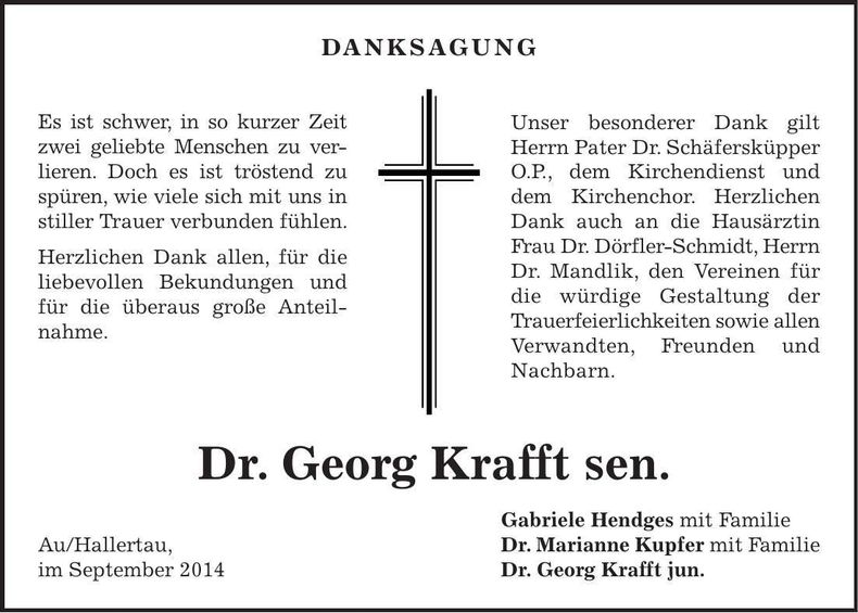 Traueranzeige Georg Dr. Krafft, sen.