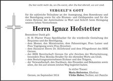 Traueranzeige Ignaz Hofstetter