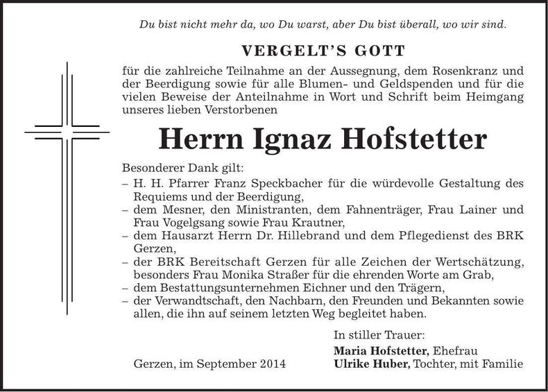 Traueranzeige Ignaz Hofstetter