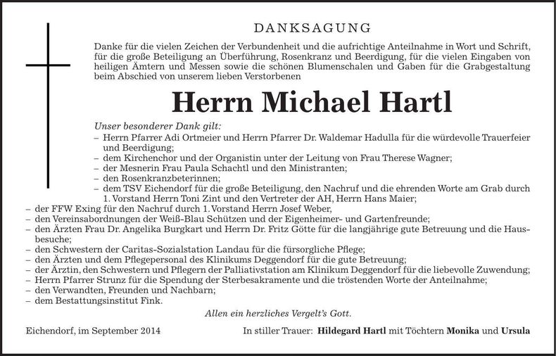Traueranzeige Michael Hartl