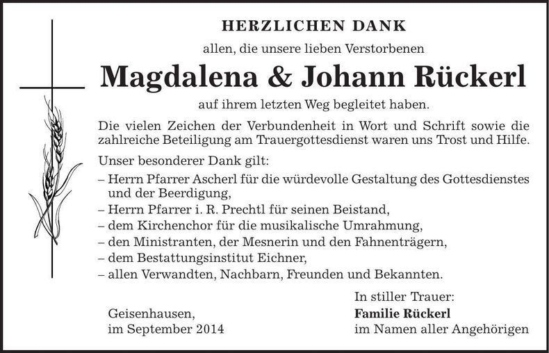 Traueranzeige Magdalena & Johann Rückerl