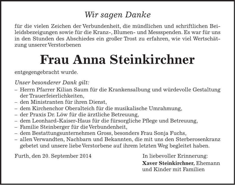 Traueranzeige Anna Steinkirchner