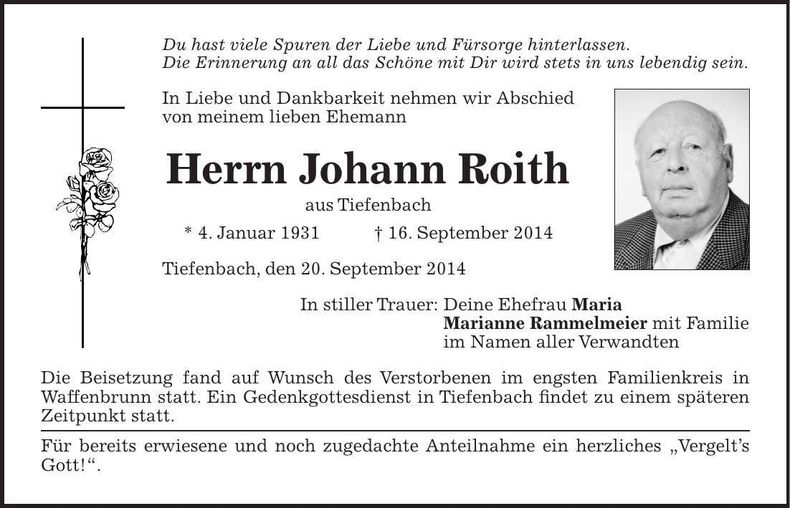 Traueranzeige Johann Roith
