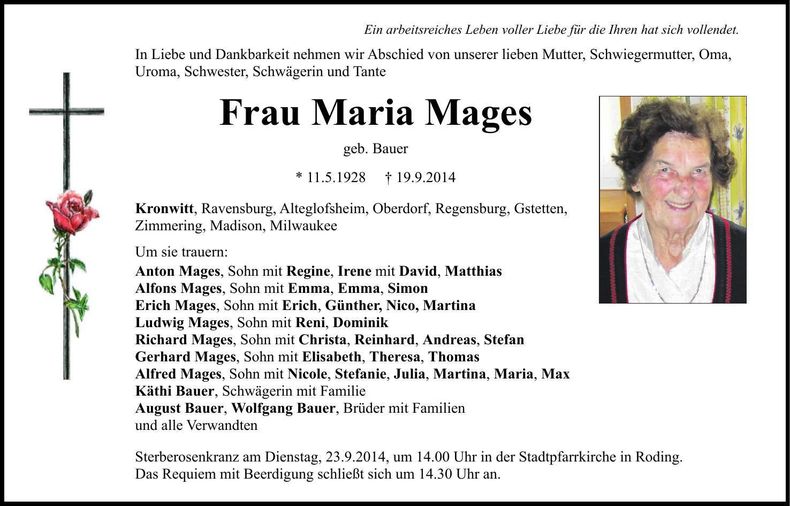 Traueranzeige Maria Mages