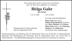 Traueranzeige Helga Gahr