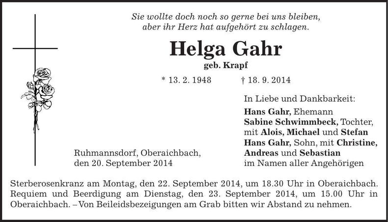 Traueranzeige Helga Gahr