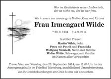 Traueranzeige Irmengard Wilde