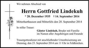 Traueranzeige Gottfried Lindekuh