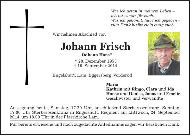 Traueranzeige Johann Frisch