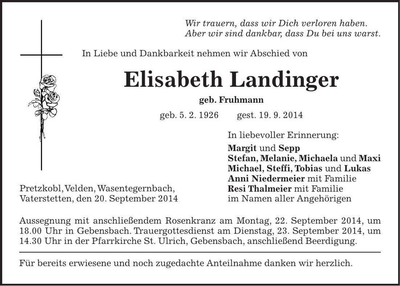 Traueranzeige Elisabeth Landinger