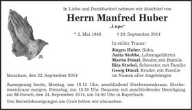 Traueranzeige Manfred Huber