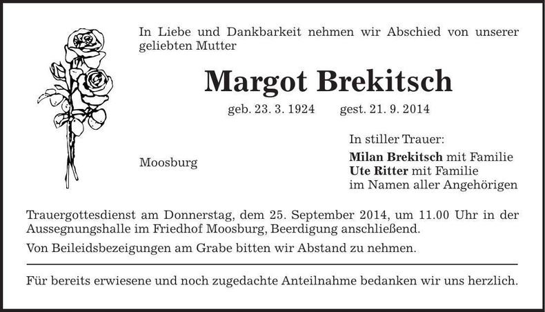 Traueranzeige Margot Brekitsch