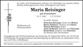 Traueranzeige Maria Reisinger