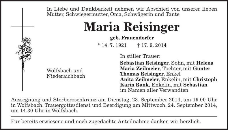 Traueranzeige Maria Reisinger