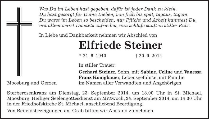 Traueranzeige Elfriede Steiner