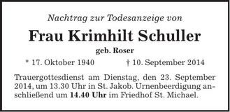 Traueranzeige Krimhilt Schuller