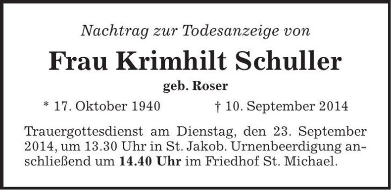 Traueranzeige Krimhilt Schuller