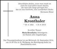 Traueranzeige Anna Kronthaler