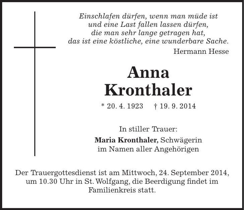 Traueranzeige Anna Kronthaler