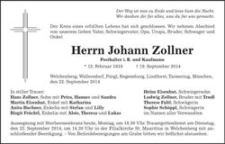 Traueranzeige Johann Zollner