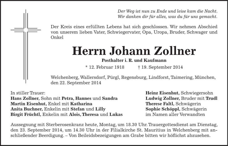 Traueranzeige Johann Zollner