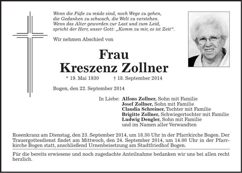 Traueranzeige Kreszenz Zollner