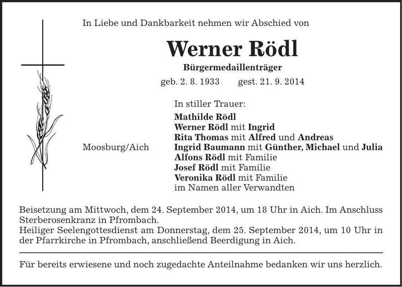 Traueranzeige Werner Rödl