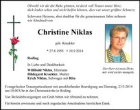 Traueranzeige Christine Niklas
