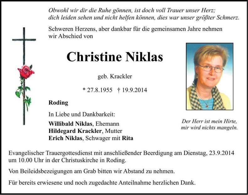 Traueranzeige Christine Niklas