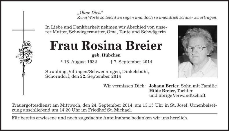 Traueranzeige Rosina Breier