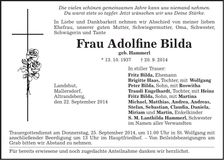 Traueranzeige Adolfine Bilda