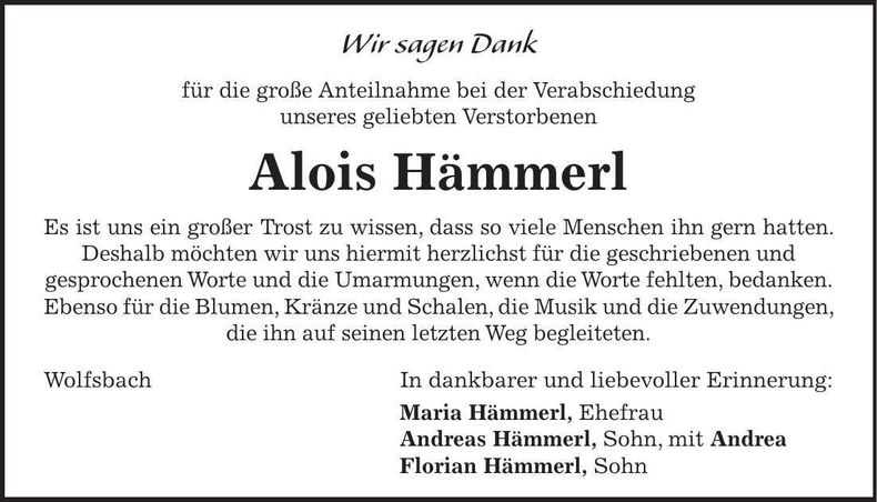 Traueranzeige Alois Hämmerl