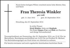 Traueranzeige Theresia Winkler