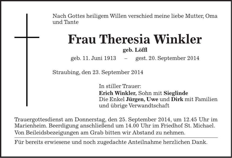 Traueranzeige Theresia Winkler