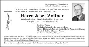 Traueranzeige Josef Zollner
