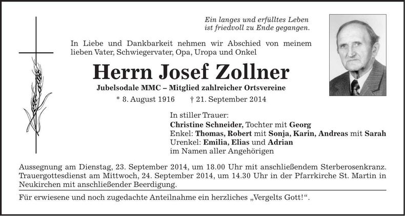 Traueranzeige Josef Zollner