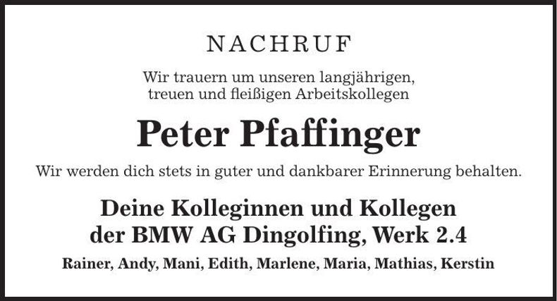 Traueranzeige Peter Pfaffinger