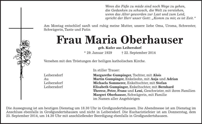 Traueranzeige Maria Oberhauser