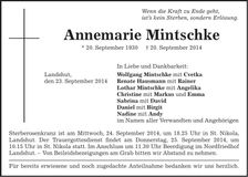 Traueranzeige Annemarie Mintschke