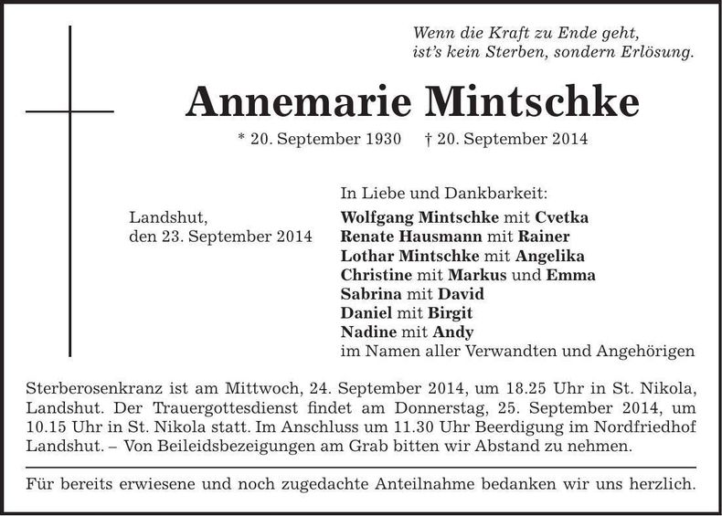 Traueranzeige Annemarie Mintschke