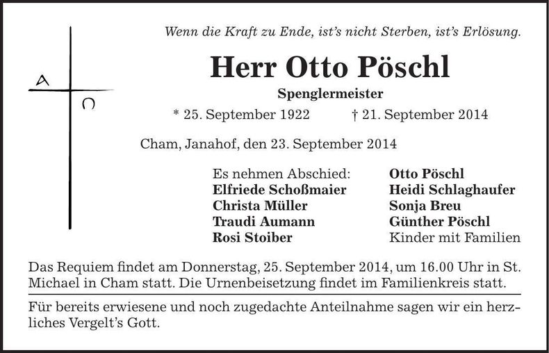 Traueranzeige Otto Pöschl