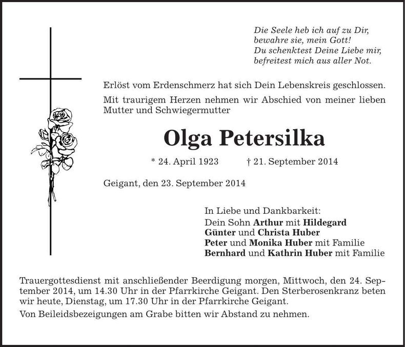 Traueranzeige Olga Petersilka