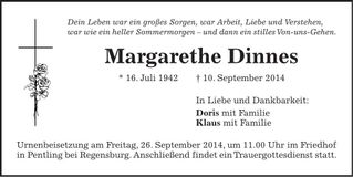 Traueranzeige Margarethe Dinnes