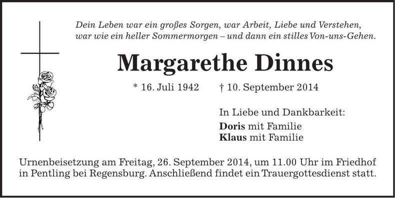 Traueranzeige Margarethe Dinnes