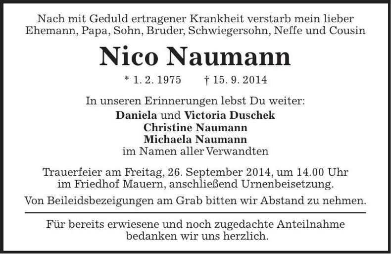 Traueranzeige Nico Naumann