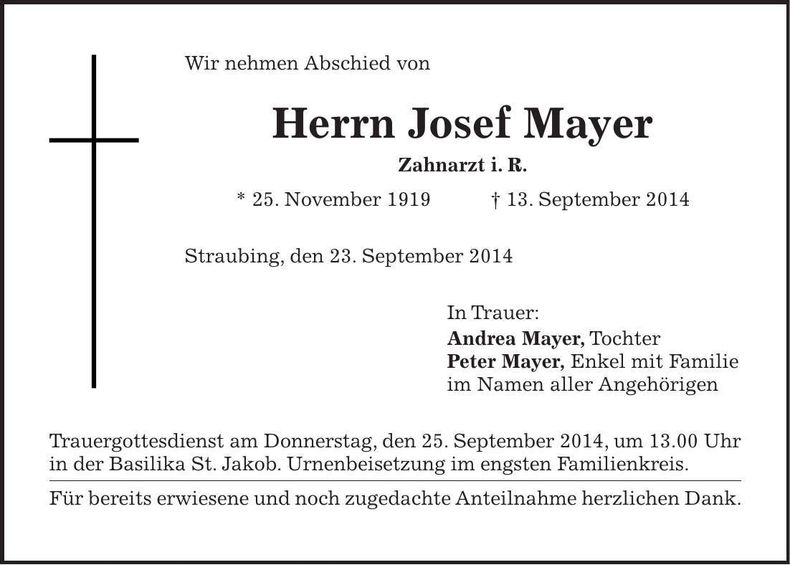 Traueranzeige Josef Mayer