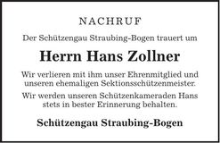 Traueranzeige Hans Zollner