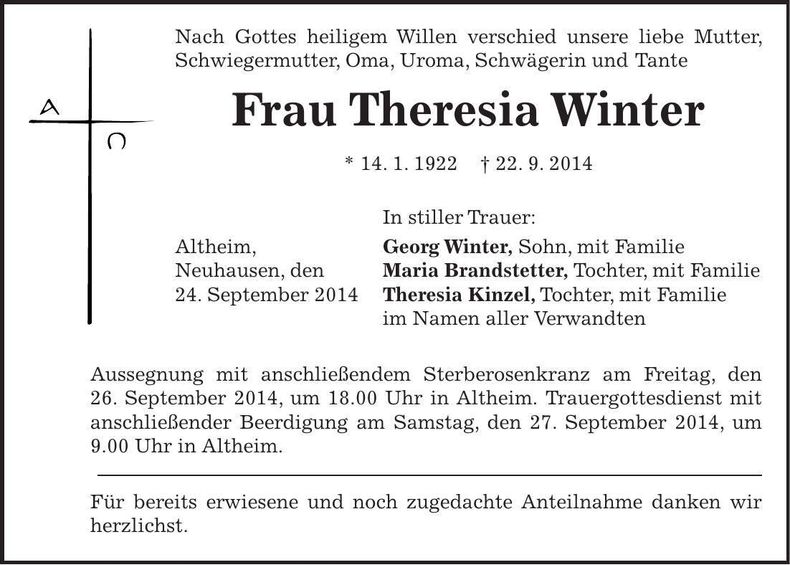 Traueranzeige Theresia Winter