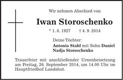 Traueranzeige Iwan Storoschenko
